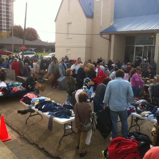 March 2012 photo of food clothing distribution