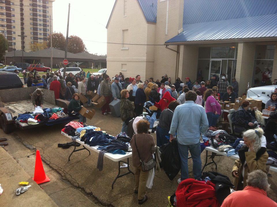 March 2012 photo of food clothing distribution